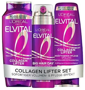 L´Oréal Paris Elvital Collagen Lifter Volumen Routine, für volleres Haar, Ansatz-Lift, mit Shampoo, Spülung und Big Hair Day Spray, 3-teilig
