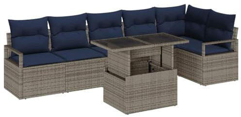 vidaXL Gartensofa-Set mit Kissen 7 pcs Grau und Marineblau Poly-Rattan, Garten- und Terrassen-Sofa-Set, modularer Lounge-Bereich, langlebig, UV-beständig, Sitzgelegenheiten für drinnen und draußen