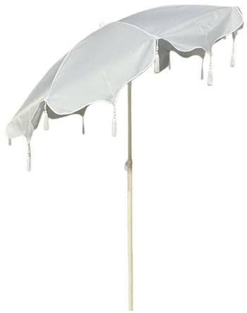 HSHBGS Sombrilla de playa blanca, Parasol de exterior con borlas y flecos, Sombrilla de patio inclinable, 1.6/2m, Impermeable con protección solar, para jardín, patio y mercado(2m)