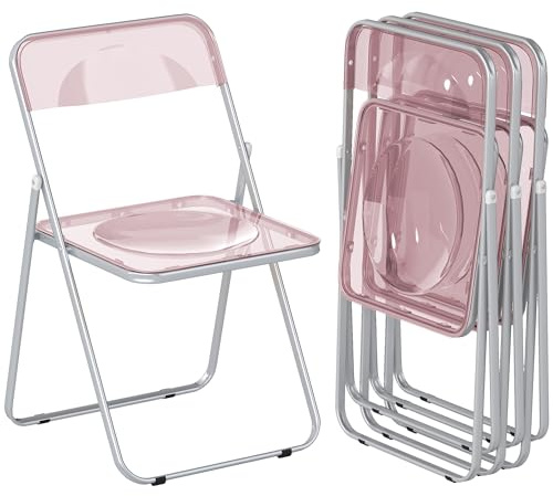 HOMCOM Set di 4 Sedie Pieghevoli in Acrilico, Sedie Richiudibili da Interno Salvaspazio con Struttura in Acciaio, Sedia Pieghevole Portatile per Casa Ufficio Cucina Eventi, 47x48x75 cm, Rosa