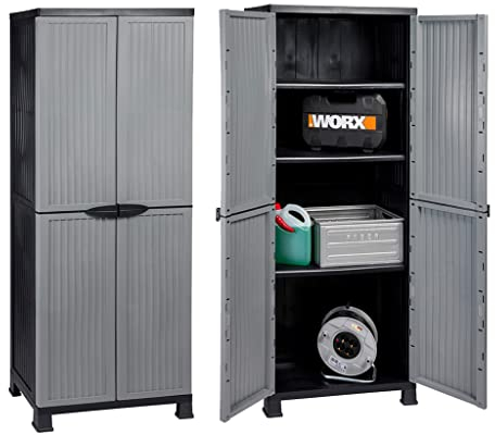 Hier passt viel rein: 2 Stück Kunststoffschrank Modell Noble. Jeder Schrank mit 3 höhenverstellbaren Einlegeböden, 4 Füßen und abschließbaren Türen! Maße pro Schrank: 68 x 40 x 171 cm