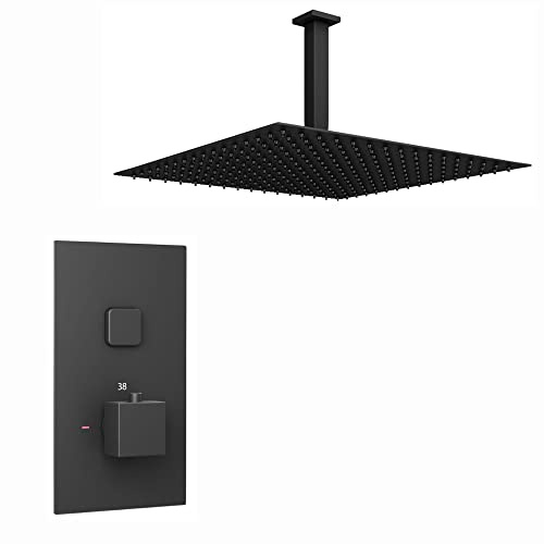 ENKI, Spello, SH0026, Square Thermostatic Concealed Shower Set, Large 400mm Ultra Slim Ceiling Mounted Shower Head, Black
