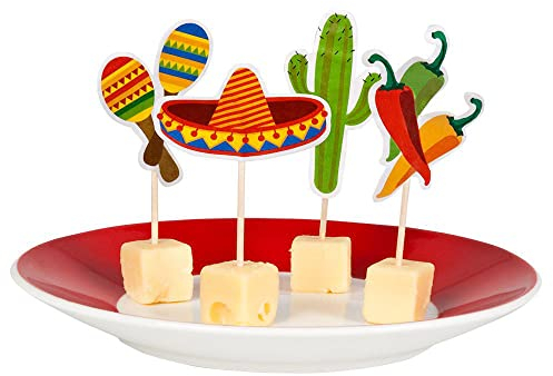 Boland 54412 - Spieße Fiesta Mexiko, 12 Stück, Länge Holzstab 9 cm, Holzspieße für Snacks und Häppchen, Partygeschirr, Geburtstag, Mottoparty, Karneval