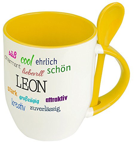 digital print Löffeltasse mit Namen Leon - Positive Eigenschaften von Leon - Namenstasse, Kaffeebecher, Mug, Becher, Kaffeetasse - Farbe Gelb
