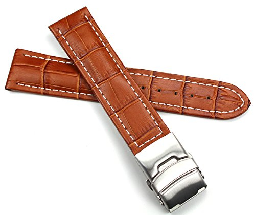 Sulla 22mm Herren Leder Uhrenarmband Edelstahl Faltschließe braun Krokoprägung Weiße Naht