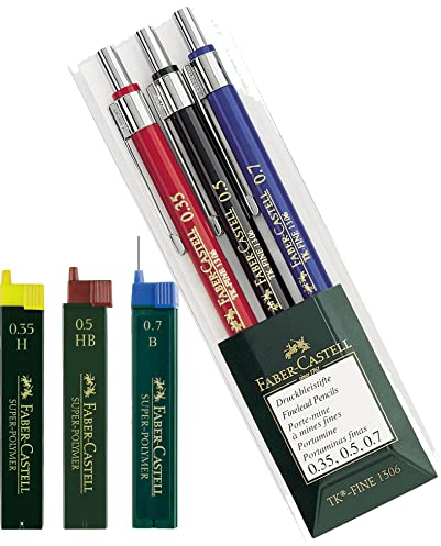 Faber-Castell TK-FINE Druckbleistift-Set, 3-teilig (1 x 0,35 mm, 1 x 0,5 mm und 1 x 0,7 mm) und 3 Ersatzminen-Dosen 0,35 H, 0,5 HB, 0,7 B