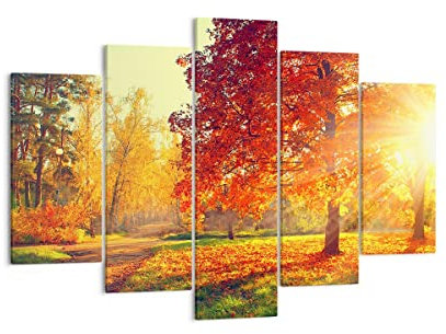 Mehrteilige Bilder auf Leinwand 150x100cm Leinwandbild Park Herbst Baum Groß XXL Wanddeko Bild Schlafzimmer Set 5 teilige Wandbilder Dekoration Wohnzimmer Canvas Wand Kunstdruck Art EA150x100-3654