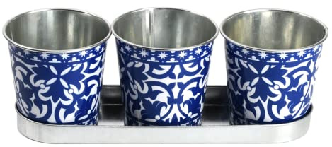 Esschert Design Portuguese Plant Pot Set of 3 on Tray, Flower Pot, Diameter 7 x Height 12 cm, Blue and White Design