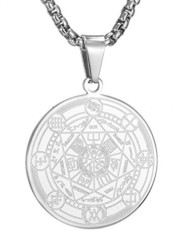 AFSTALR Halskette Herren 7 Erzengel Siegel Medaille Talisman Siegel der Sieben Erzengel Amulett Ketten Anhänger Edelstahl Solomon Schmuck für Herren Männer Argent C