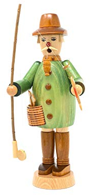Drechslerei Friedbert Uhlig, Räuchermännchen Nr. 008/g, Angler, grün gebeizt, 25 cm hoch, aus regionalem Holz gedrechselt, echte Handarbeit aus dem Erzgebirge, Weihnachten, Holzkunst, Echtholz