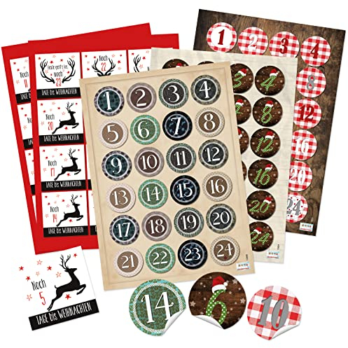 Zahlenaufkleber Adventskalender, 4 x 24 Stück: Zahlen Sticker Kalender 1 bis 24, Aufkleber Weihnachten & Advent, Zahlenaufsticker Rund, Adventskalenderzahlen, Klebezahlen, Etiketten Ziffern