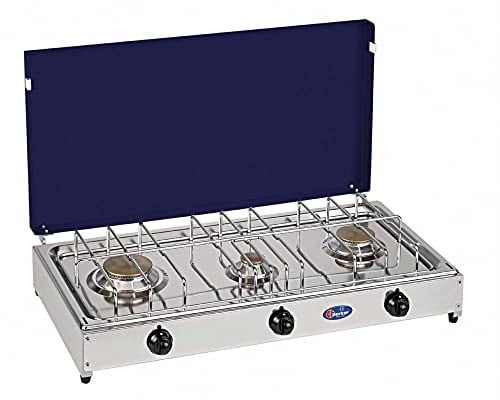 FORNELLO DA TAVOLO PARKER GAS GPL(BOMBOLE) 3 FUOCHI CON PIANALE IN ACCIAIO INOX COPERCHIO BLU TELAIO GRIGIO 5523GB