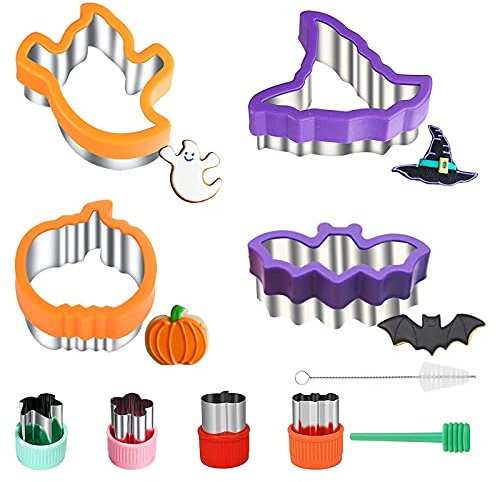 Halloween Ausstecher-Ausstechformen Set, 10 Stück Keksausstecher für Größen, darunter Kürbis, Geist, Fledermaus, Hexenhut, Gemüse Obst, Edelstahl,für Backen mit Kinder