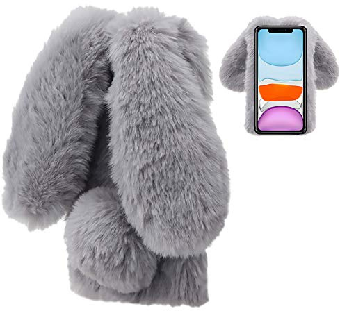 LCHDA Plüsch Hülle für iPhone 13 6,1 Zoll Flauschige Hasen Fell Künstliche Kaninchen Pelz Niedlich Hasenohren Mädchen Süße Handytasche Stoßfest Schützend TPU Silikonhülle - Grau