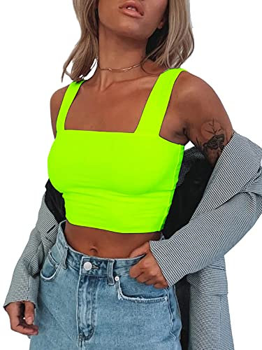 Abardsion Camiseta corta sin mangas para mujer, sexy, ajustada, básica, con tirantes delgados (verde neón, L)