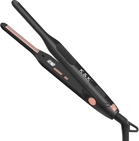 K&K Upgrade Pencil Straighteners Mini Straight and Curler Hair Straightener Thin Ceramic Floating Plate Auto Shut Off Flat Iron for Women Short Hair Men Beard 0.3 Inch (Black)