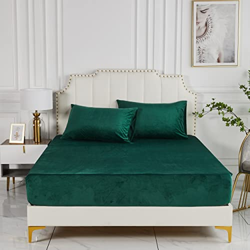 Damier Plüsch Spannbettlaken 100x200cm Grün Dunkelgrün Winter Flanell Spannbetttuch Warme und Flauschig Bettlaken, geeignet für Matratzen bis 30cm