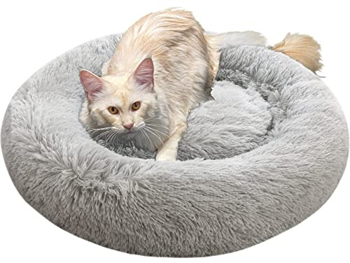 Comlax Beruhigende Donut Hundebetten XXL, Rundes Kissen mit abnehmbarem waschbarem Bezug, Anti-Angst-Kunstfell-Kuscheltier, Flauschiges, bequemes, pelziges Haustierbett (100cm, Silber)