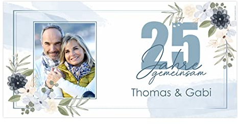 Herz & Heim® Hochzeitsdeko Party-Banner mit eigenem Foto und Namen 0,80 x 1,60 m (Silberne Hochzeit)