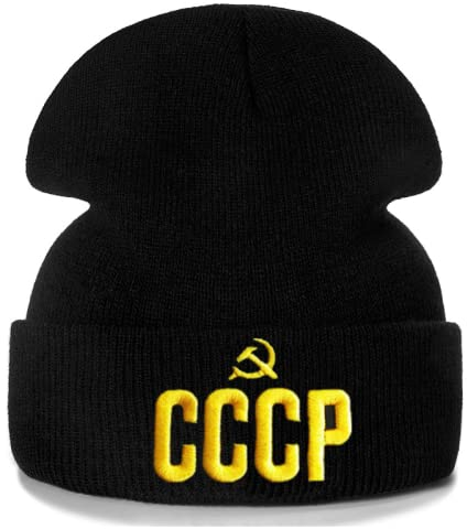 Ciamlir Mütze Herren CCCP 3D-Stickerei Strickmützen Mütze Mütze UDSSR Sowjetische Abzeichen Sichelhammer,Schwarz,54-60Cm