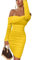 GOKATOSAU Women's Sexy Elegant Ruffle Long Sleeve Off Shoulder Ruched Party Mini Dress, Yellow, L