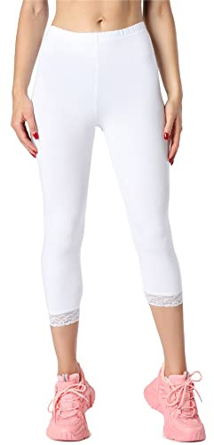 Bellivalini Damen 3/4 Capri Leggings aus Bio-Baumwolle mit Spitze für Tunika BLV50-224 (Weiß, XS)