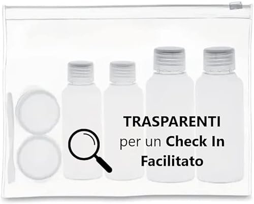 7 PZ Kit Viaggio Liquidi BENESSERE In Linea® - kit Liquidi Aereo - kit viaggio aereo - Travel kit 100 ml - Porta Liquidi da viaggio aereo - 2 flaconi 100 ml + 2 flaconi 50 ml + 2 Porta Crema/Lenti