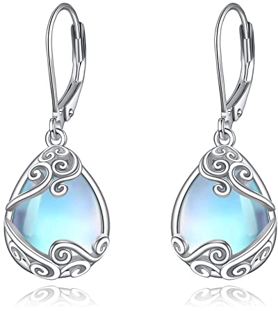 A-Mondstein Filigran: 925 Sterling Silber Mondstein Tropfen Ohrringe mit Filigran - Damen Leverback Schmuck Geschenke