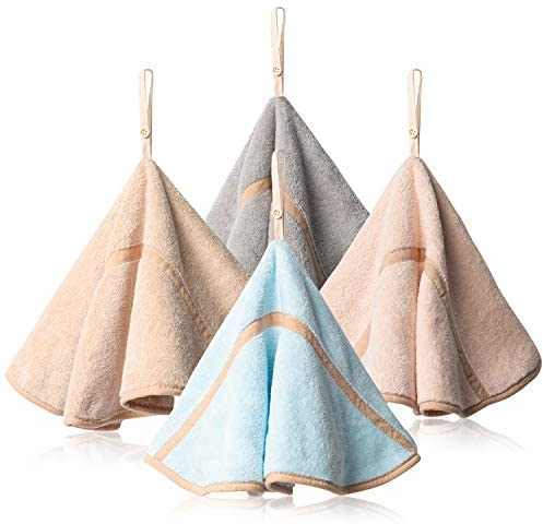 SERPEN 4 x Hängehandtücher mit Schlaufe, saugfähig, Korallen-Fleece, Badezimmer-Handtücher, weich, dick, Geschirrtuch, Handtuch, runde Handtücher (4 Farben: Pink, Grün, Grau, Beige)
