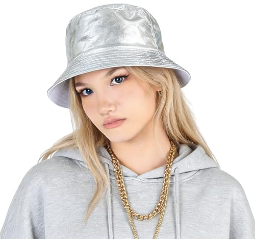 MILAKOO Metallic Bucket Hat Silver Fisherman Cap Punk Hip-hop Party Sun Cap for Women Men Reversible Hat