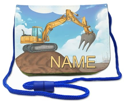 Kinder Brustbeutel mit Name und Schriftartwahl | Klettverschluss mit Schnur zum Umhängen und Klarsichtfach | Geldbeutel personalisiert | 3 Farben (Bagger)