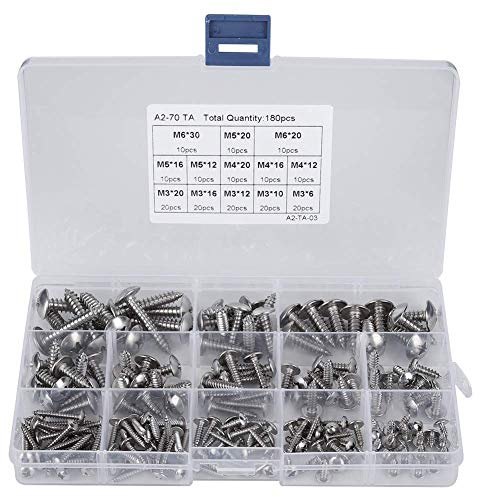 Selbstschneidende Schrauben 180Pcs, Blechschrauben Selbstschneidend Edelstahl Flachkopf Sortiment Set für M3 M4 M5 M6 Kreuzschlitzschrauben Kreuzschlitz Holzschrauben