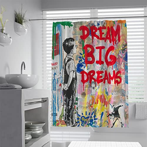WEECHAINGE Banksy Style Shower Curtain Little Boy & Big Dream Watercolor Fabric Bath Curtain with Red Words Including Shower Curtain Rings Hook W120xL200cm