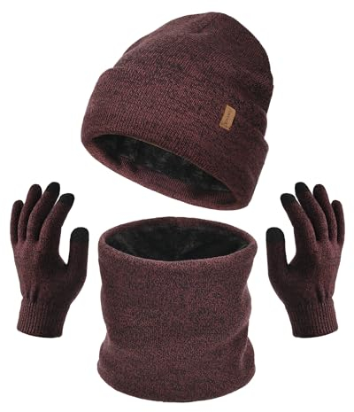 FURTALK Unisex Winter Beanie Mütze Schal und Handschuhe im 3er-Set Herren Damen Wintermütze Winterschal Touchscreen Handschuhe mit weiches Fleecefutter
