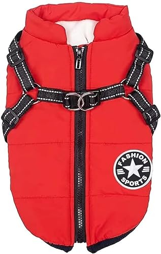 Voarge Hundejacke Winterweste Jacken, Hundemantel mit Geschirr für Kleine Hunde Hundemantel Wasserdicht Maschinen Waschbarer Reflektierender Streifen Design Haltbarer D-Ring (4XL,Rot)