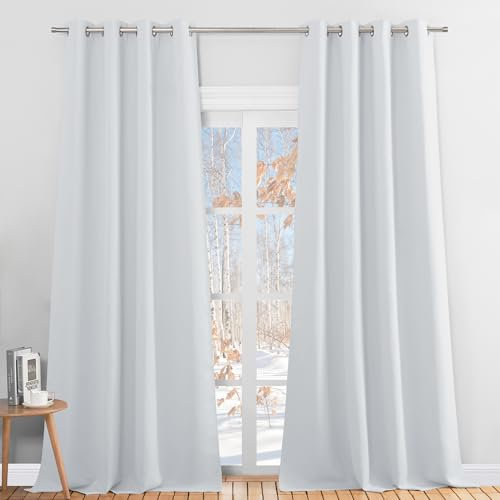 PONY DANCE Rideau Occultant Extérieur en Haut et Languette Arrière (Passe Tringle) en Bas, Coupe-Vent Étanche pour Terrasse Jardin & Patio, Gris Blanc, L 132 sur H 243 cm, 2 Pièces