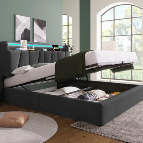 buiesjole Polsterbett Mit LED-Beleuchtung Und Stauraum Kopfteil Doppelbett King Size Mit Aufladen USB Stauraumbett Bettkasten Lattenrost Aus Holz Jugendbett Für Erwachsene Gästebett Grau 160x200 cm