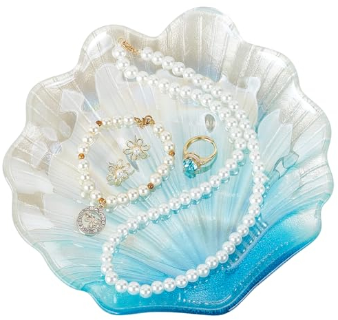 FINGERINSPIRE Muschel Schmuckschale Hellhimmelblau Schmuckschale Schmucktablett Glas Schmuckteller Muschelform Aufbewahrungstablett Für Ringe Ohrringe Armbänder Halskette Schlüssel Tisch Geburtstag