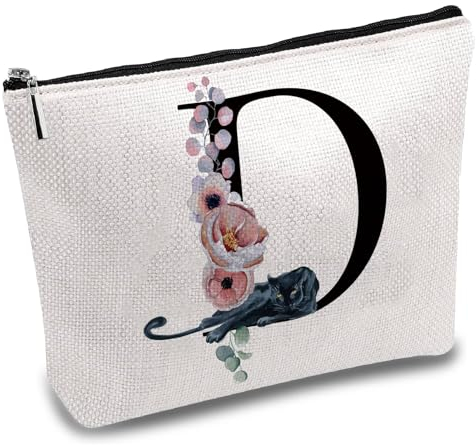 CREATCABIN Lettera D Borse per Trucchi In Tela Astuccio per Cosmetici Fiore Astuccio Multiuso per Penne Borsa Da Viaggio Da Toilette Borsetta per Donne Personalizzate Mamma Migliore Amica 25x18cm