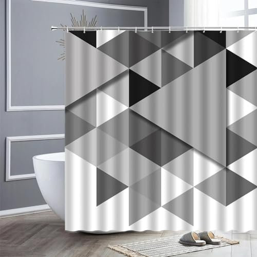 YIUEYI Rideaux de douche à motif géométrique 3D noir, blanc, gris, épissure simple, ensemble de rideaux de salle de bain avec crochets 165 x 153 cm (l x H)