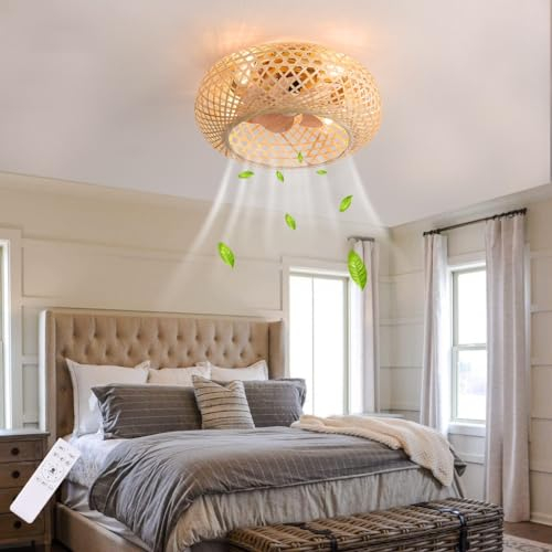 DOCJX Plafonnier Ventilateur De Plafond Avec Lumière Bambou Rétro E27 Télécommande Silencieux Lamp Tissage Bohemian Et Rotin Naturel Tissé Lampe De Plafond For Chambre Salon Éclairage (Taille : B)