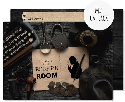 Generisch 12x EINLADUNGSKARTEN für Mädchen & Jungen Kindergeburtstag - coole Karten mit Escape Room Motiv & UV-Lack