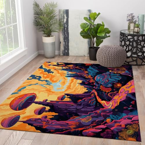 HOBBOY Cartoon Area Teppich Abstrakter Landschaftsteppich Indoor Bodenmatte für Schlafzimmer Wohnzimmer Psychedelic Mystic Patio Teppich Küchenteppiche 120 x 150 cm