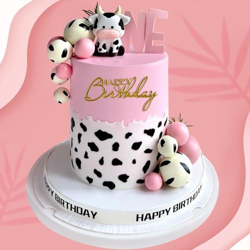 14 Pcs Cow Cake Topper Foam Balls Cake Decorations with Gold Happy Birthday Acrylic Cake Toppers for Baby Shower Wedding Birthday Party