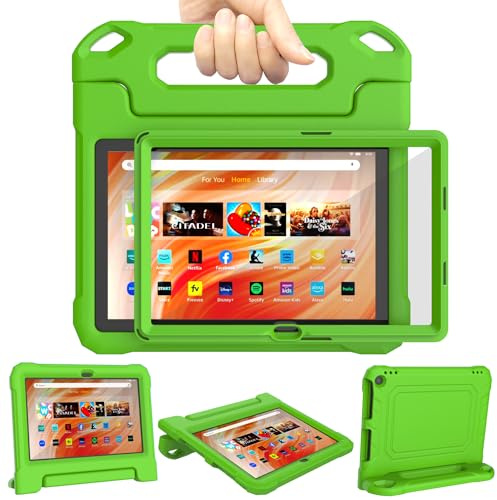 Fire HD 10 Tablet Hülle für Kinder (13./11. Gen, 2023/2021), Nicht für iPad, TrendGate Leichtes Stoßfeste Hülle Integrierter Displayschutz mit Griffständer für Fire HD 10 Plus & Kids Pro Tablet - Grün