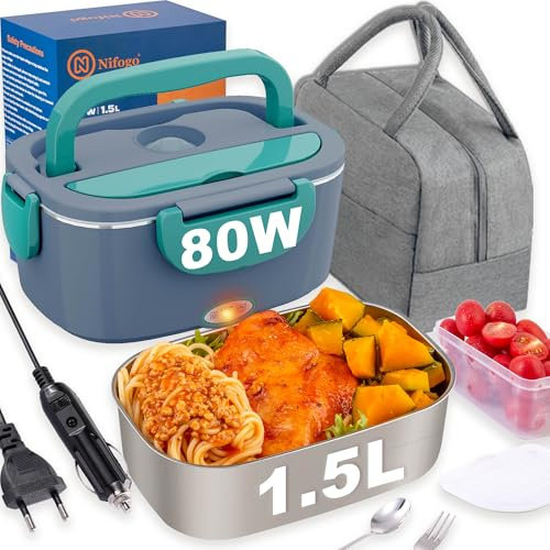 Nifogo Fiambrera Eléctrica 80W Calentador Comida Electrico 12V/24V/230V Fiambrera 1,5l Pefecto para Hogar,Camping y Oficina con Cubiertos y Gris Bolsa LX(Azúl)