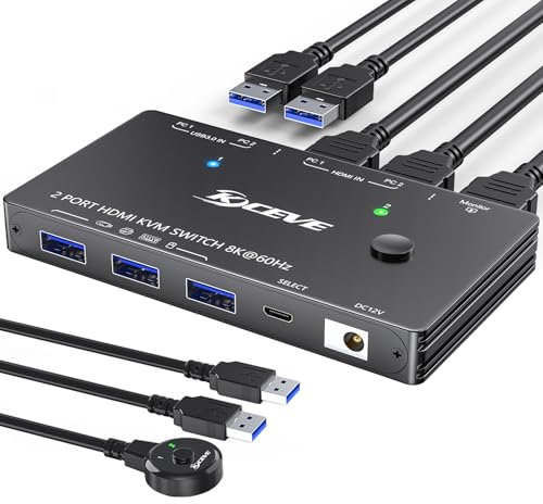 KVM Switch 8K@60Hz/4K@120Hz für 2 Computer, die sich 1 Monitor und 3 USB3.0-Geräte teilen, Kabelfernbedienung und USB-Kabel im Lieferumfang enthalten