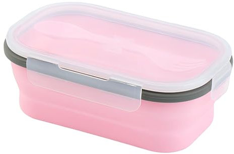 TSLBW Fiambrera de Silicona Recipientes de Silicona Plegable con Tapa Silicona Fiambrera de Camping con 2 en 1 Cuchara Tenedor Silicona Alimentos Recipientes 1000ml para Microondas Congelador (Rosa)