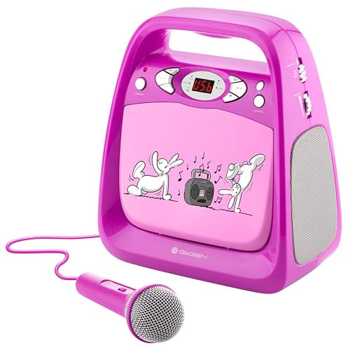 GOGEN Kinderkaraoke und CD Player I USB I MP3 I Mikrofon inklusive I Kopfhörerausgang I tragbar I Batterie oder Netzteil I Bluetooth I Hergestellt für Kinder I Pink