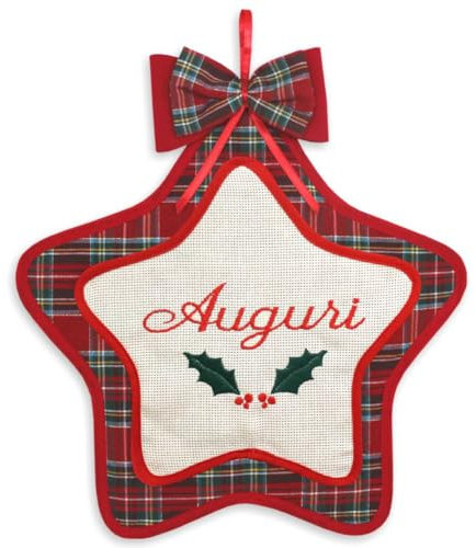 Fuori porta di Natale, Fuori porta natalizio con ricamo buone feste, Fuori porta Stella con Tela Aida ricamata, Stella trapuntata in Tessuto Scozzese